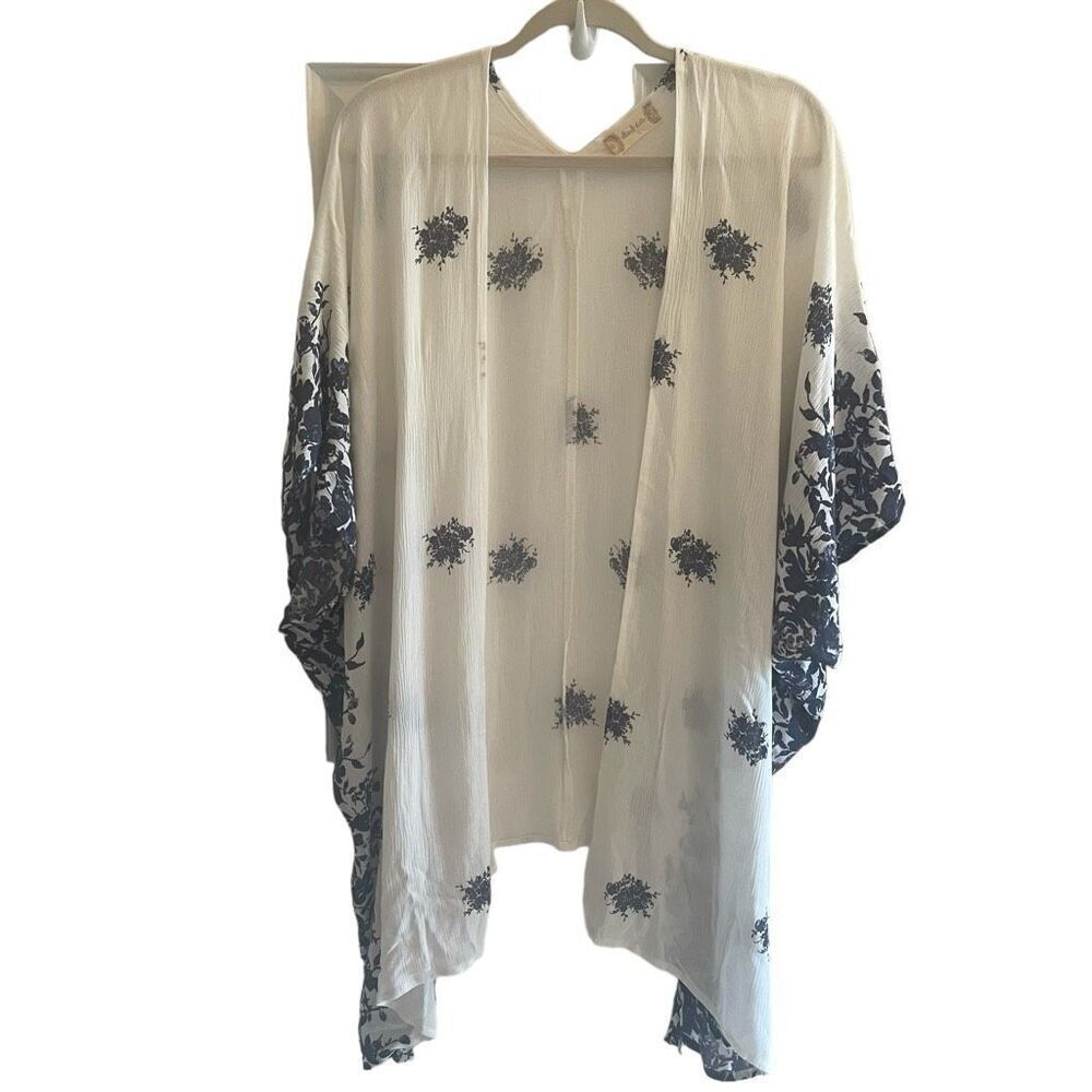 ALTAR’D STATE White Blue Floral Lightweight‎ Kimono Swimsuit CoverUp Size Large